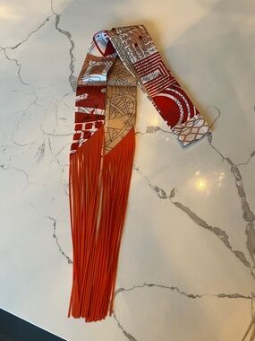 Printed Silk twilly with Long Orange Fringe